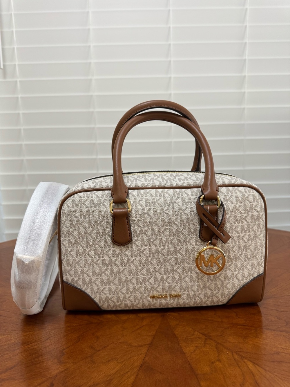 Michael Kors Cream Signature Satchel with Brown Trim